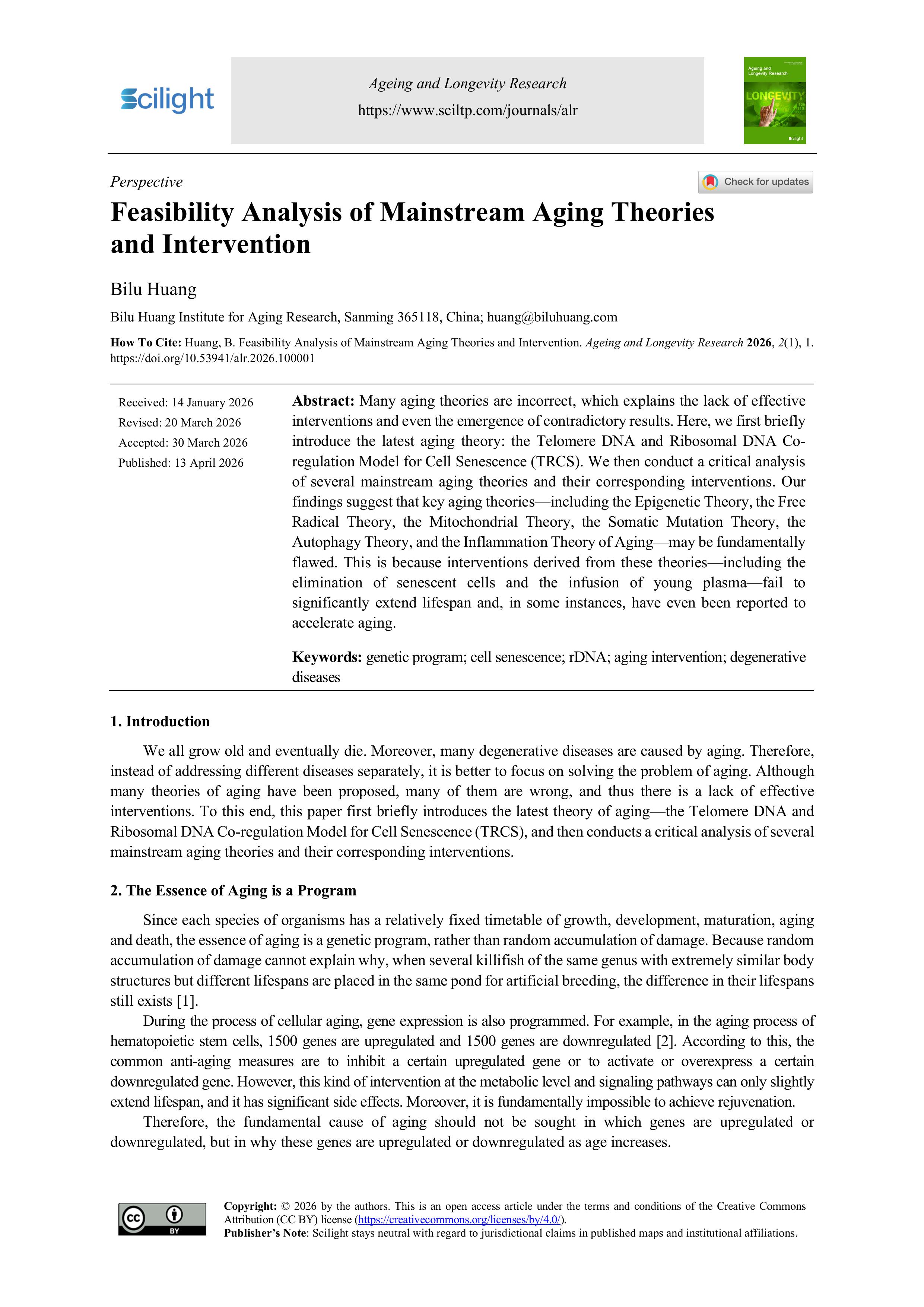 Cover of Feasibility Analysis of Mainstream Aging Theories and Intervention